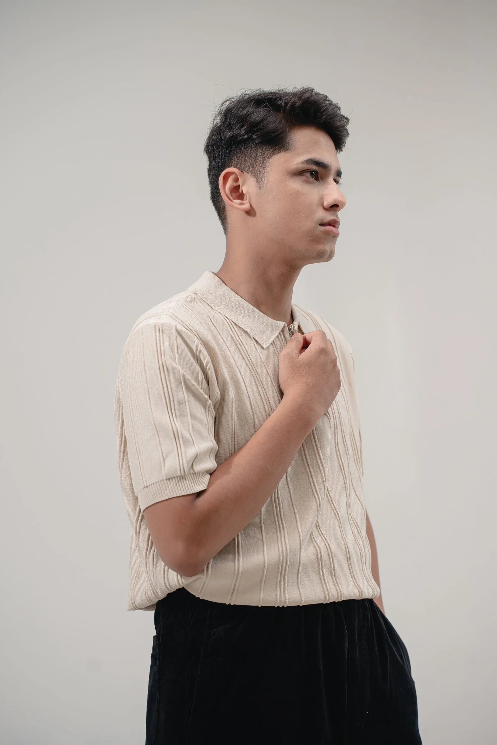 Sandstone Rib Knit Zip Polo