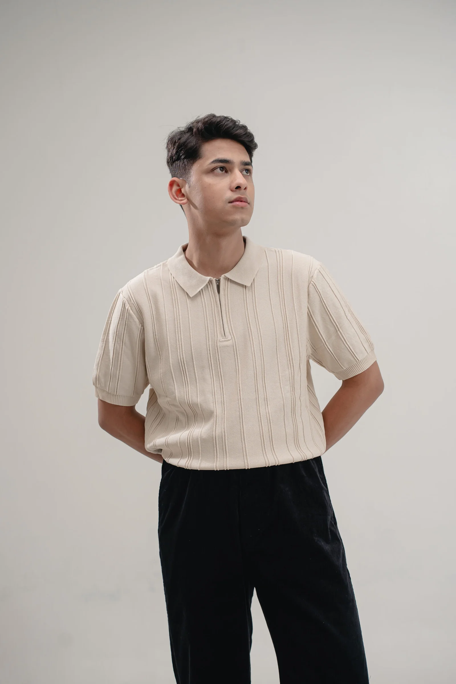 Sandstone Rib Knit Zip Polo