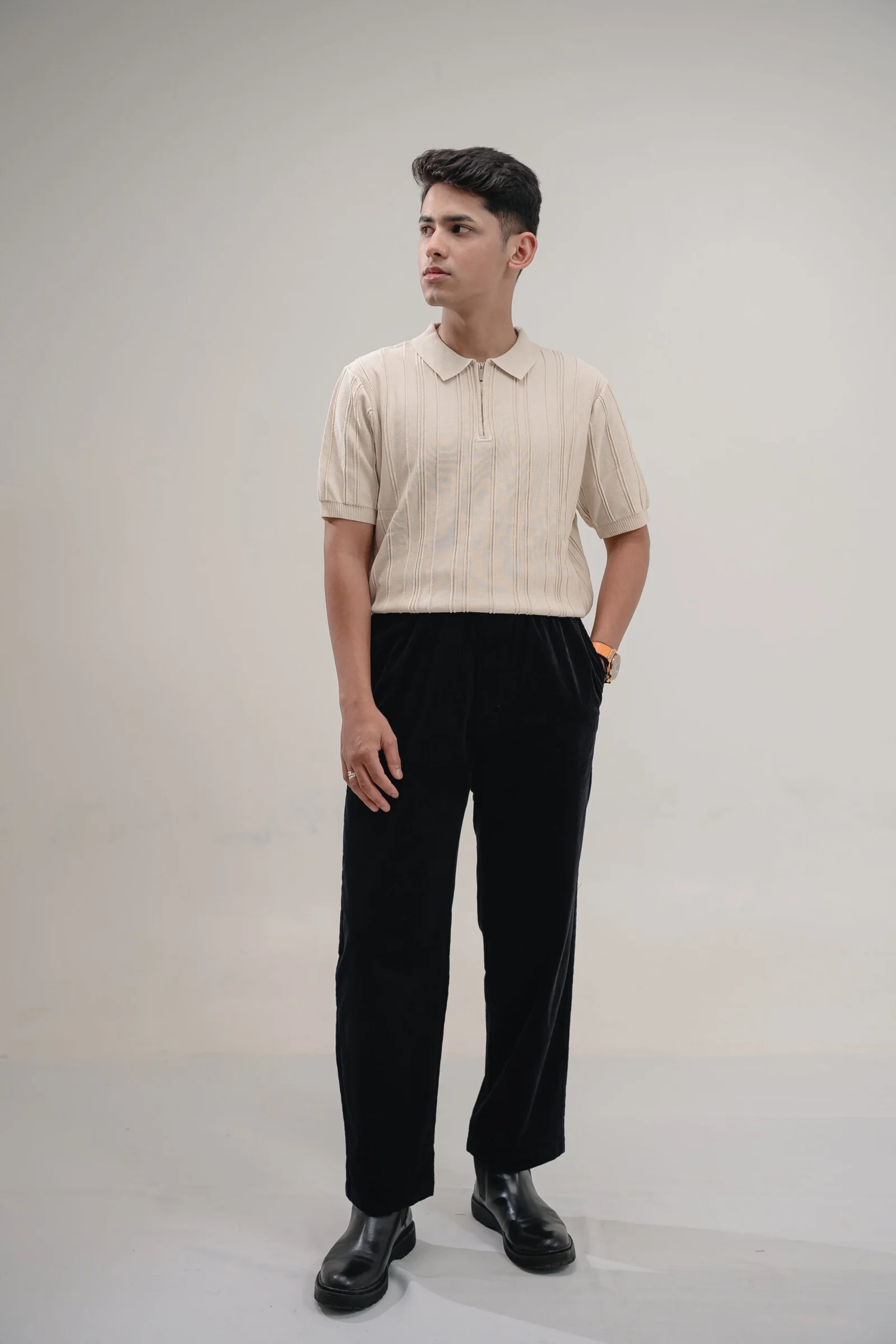 Sandstone Rib Knit Zip Polo